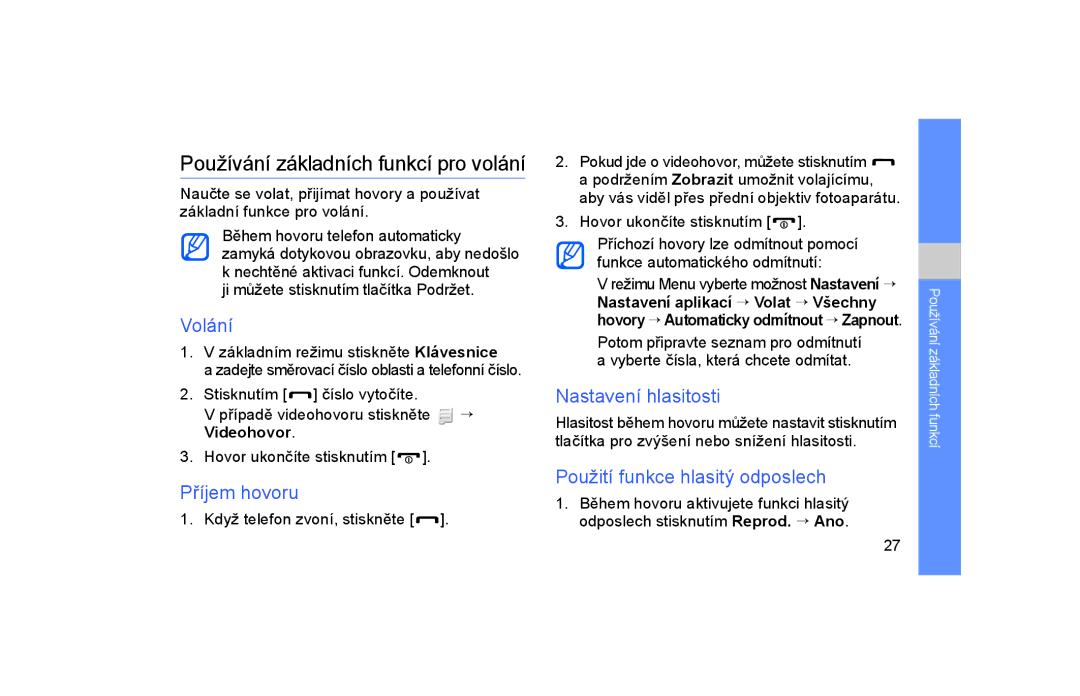 Samsung GT-S5600TKVVDC, GT-S5600TKAORS Používání základních funkcí pro volání, Volání, Příjem hovoru, Nastavení hlasitosti 