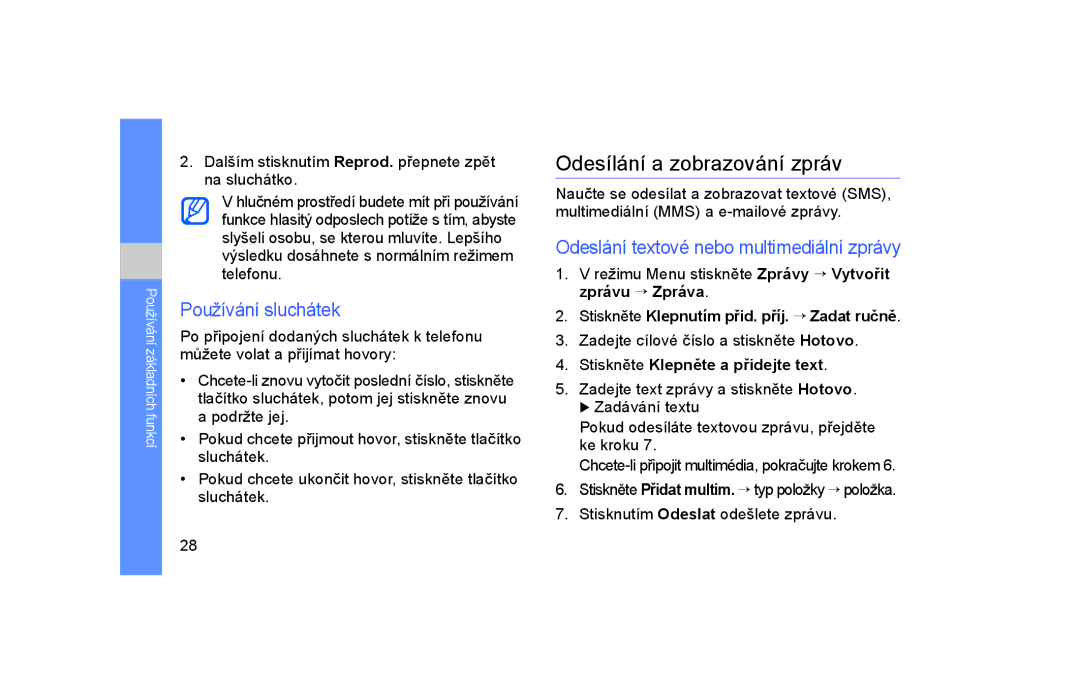 Samsung GT-S5600TKAORS Odesílání a zobrazování zpráv, Používání sluchátek, Odeslání textové nebo multimediální zprávy 