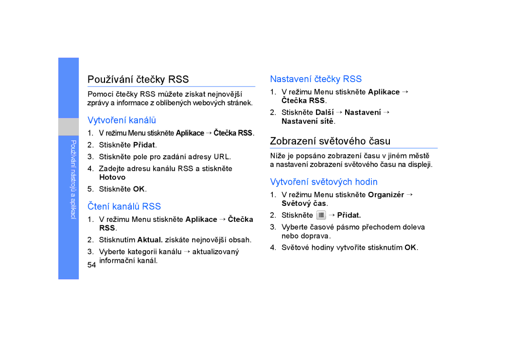 Samsung GT-S5600TKAORS, GT-S5600TKVVDC manual Používání čtečky RSS, Zobrazení světového času 