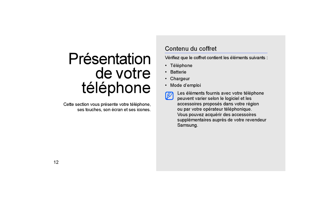 Samsung GT-S5600TKASFR, GT-S5600TKAFTM, GT-S5600CRAFTM, GT-S5600TKABOG Présentation de votre téléphone, Contenu du coffret 