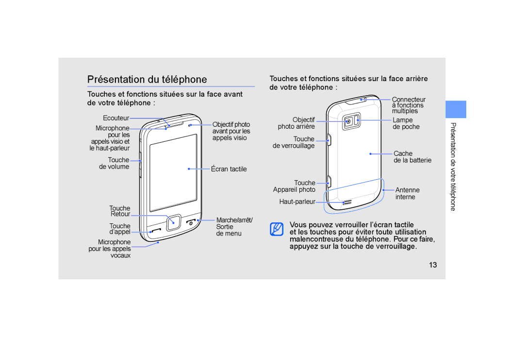 Samsung GT-S5600TKAFTM, GT-S5600TKASFR, GT-S5600CRAFTM Présentation du téléphone, Vous pouvez verrouiller l’écran tactile 