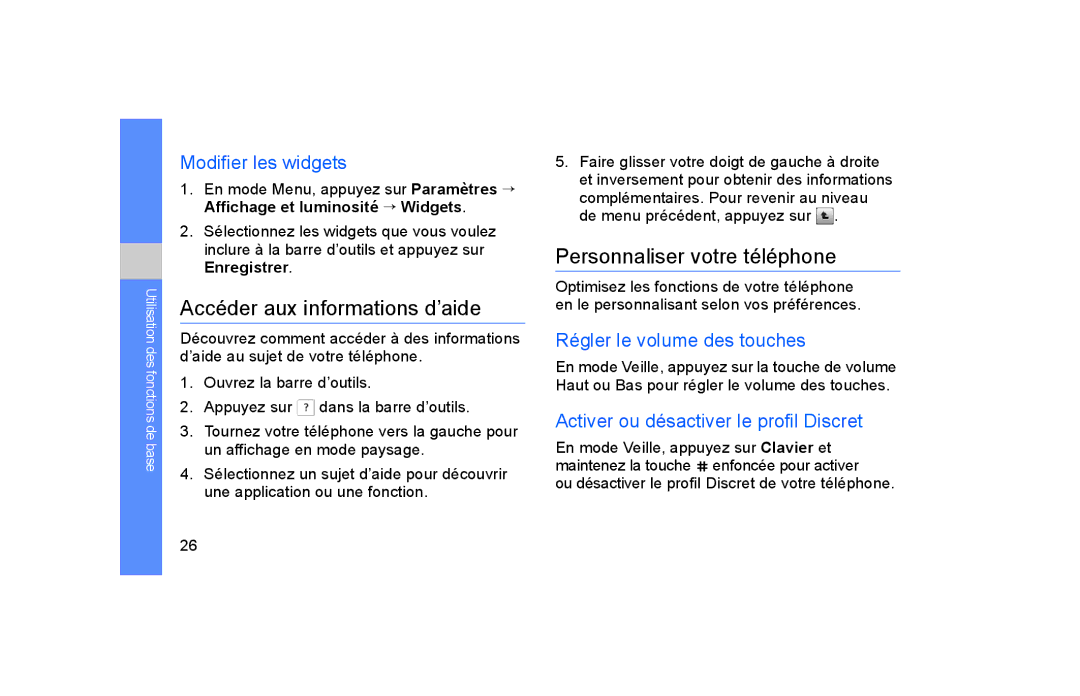 Samsung GT-S5600IVAFTM manual Accéder aux informations d’aide, Personnaliser votre téléphone, Modifier les widgets 