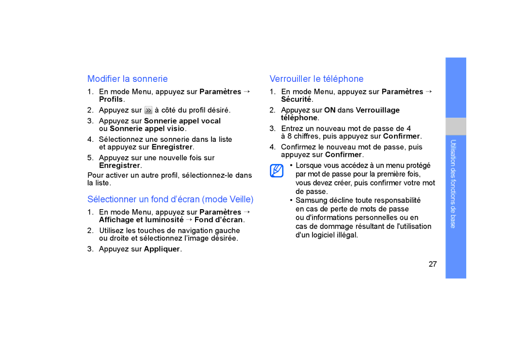 Samsung GT-S5600HAAFTM manual Modifier la sonnerie, Sélectionner un fond d’écran mode Veille, Verrouiller le téléphone 