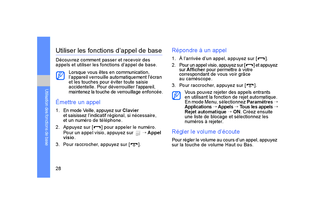 Samsung GT-S5600TKASFR manual Utiliser les fonctions d’appel de base, Émettre un appel, Répondre à un appel, Visio 