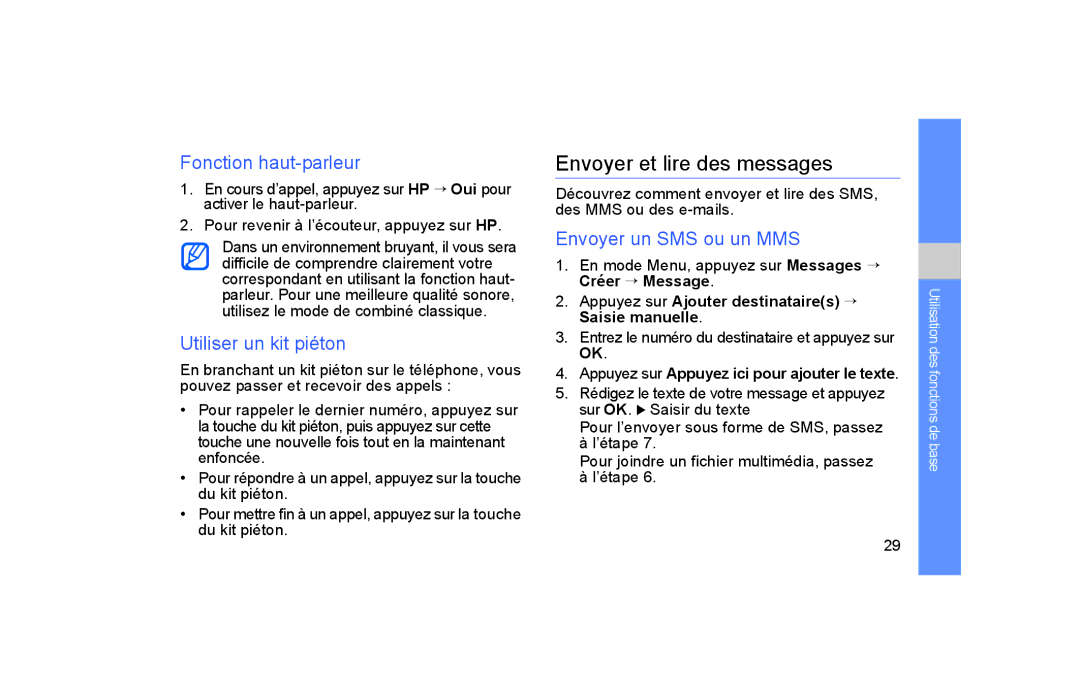 Samsung GT-S5600TKAFTM, GT-S5600TKASFR manual Envoyer et lire des messages, Fonction haut-parleur, Utiliser un kit piéton 