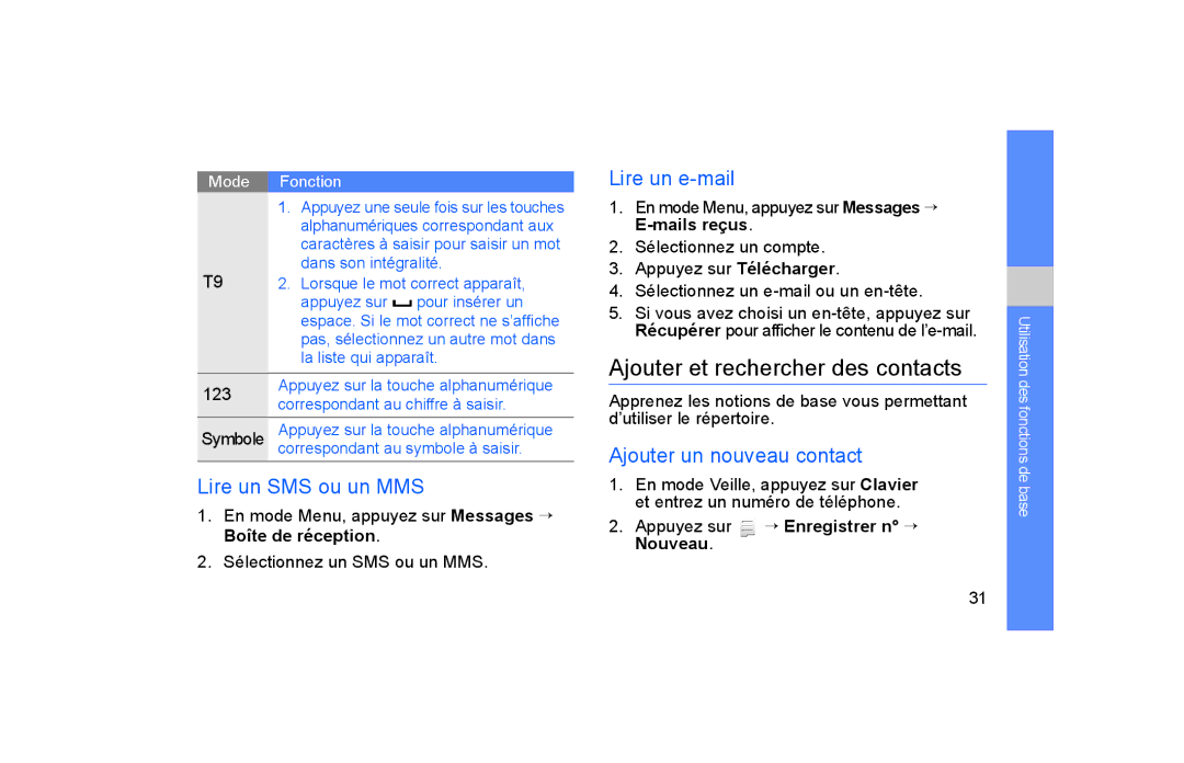 Samsung GT-S5600TKABOG, GT-S5600TKASFR manual Ajouter et rechercher des contacts, Lire un SMS ou un MMS, Lire un e-mail 