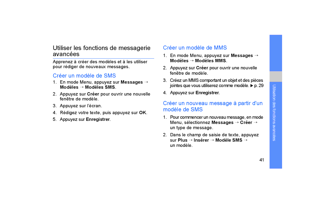 Samsung GT-S5600PWAFTM manual Utiliser les fonctions de messagerie avancées, Créer un modèle de SMS, Créer un modèle de MMS 