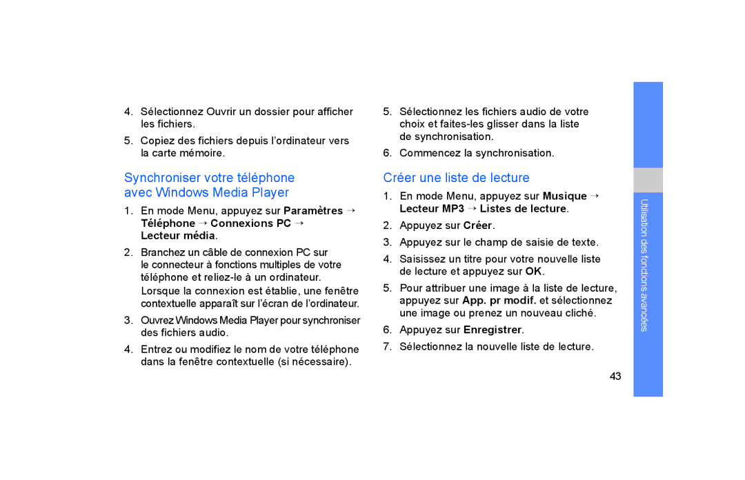 Samsung GT-S5600HAAFTM, GT-S5600TKASFR Synchroniser votre téléphone avec Windows Media Player, Créer une liste de lecture 