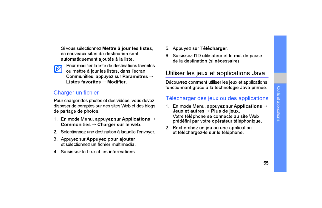 Samsung GT-S5600TKABOG manual Utiliser les jeux et applications Java, Charger un fichier, Listes favorites → Modifier 