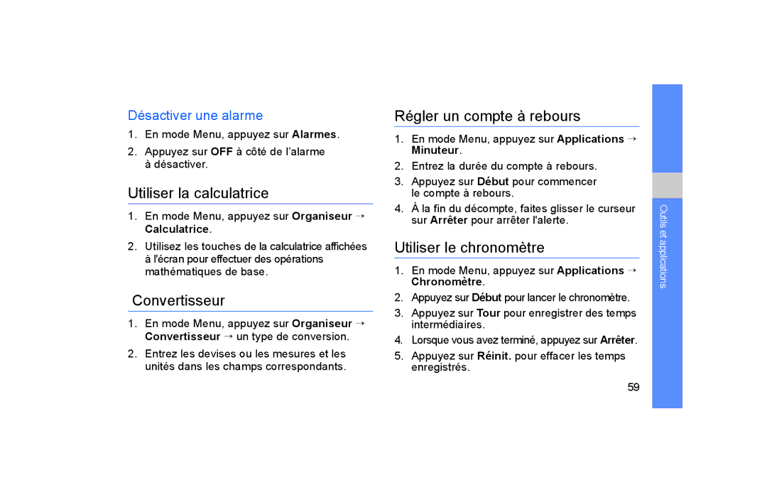 Samsung GT-S5600HAAFTM manual Utiliser la calculatrice, Convertisseur, Régler un compte à rebours, Utiliser le chronomètre 