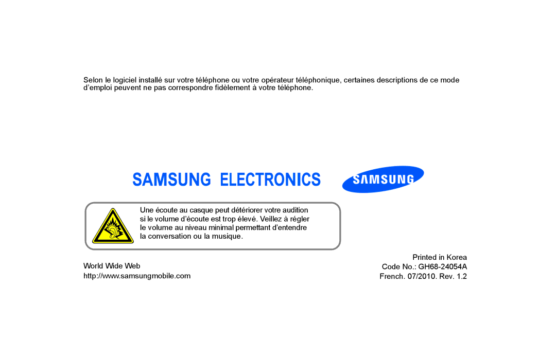 Samsung GT-S5600CRAFTM, GT-S5600TKASFR, GT-S5600TKAFTM, GT-S5600TKABOG, GT-S5600SVAFTM World Wide Web Code No. GH68-24054A 