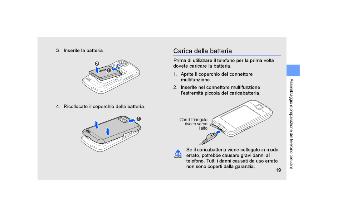 Samsung GT-S5600PWVOMN, GT-S5600TKVOMN, GT-S5600SIVOMN, GT-S5600FKVOMN manual Carica della batteria 