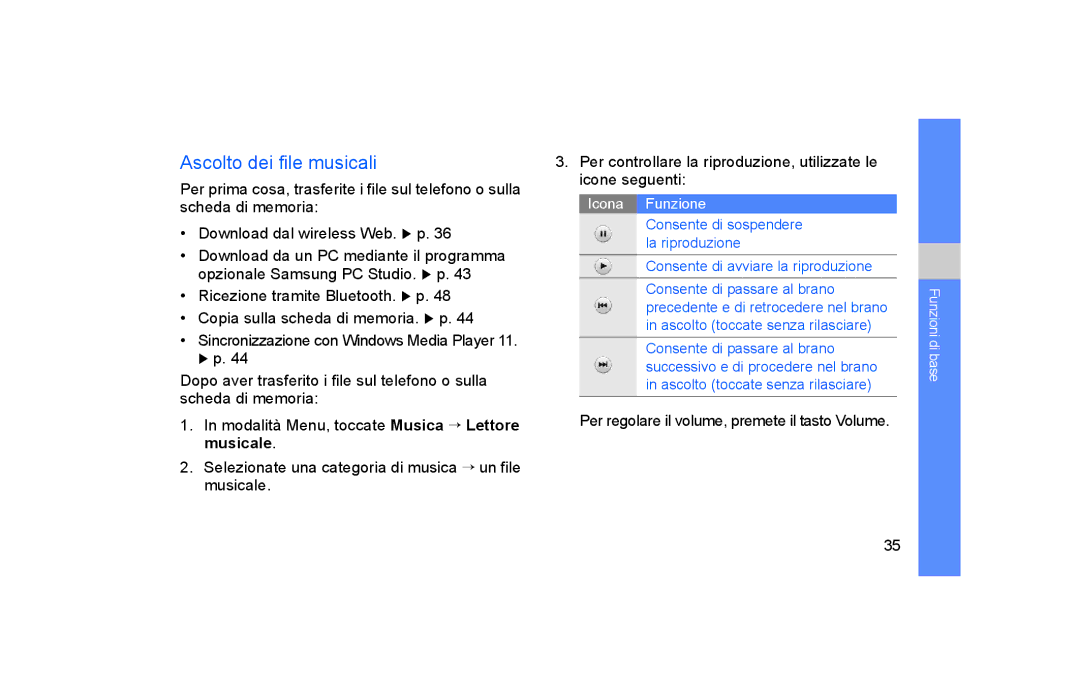 Samsung GT-S5600PWVOMN, GT-S5600TKVOMN manual Ascolto dei file musicali, Modalità Menu, toccate Musica → Lettore musicale 