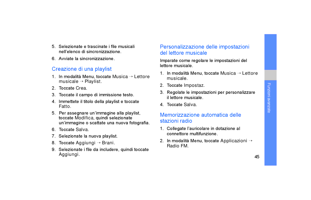 Samsung GT-S5600SIVOMN manual Creazione di una playlist, Personalizzazione delle impostazioni del lettore musicale 