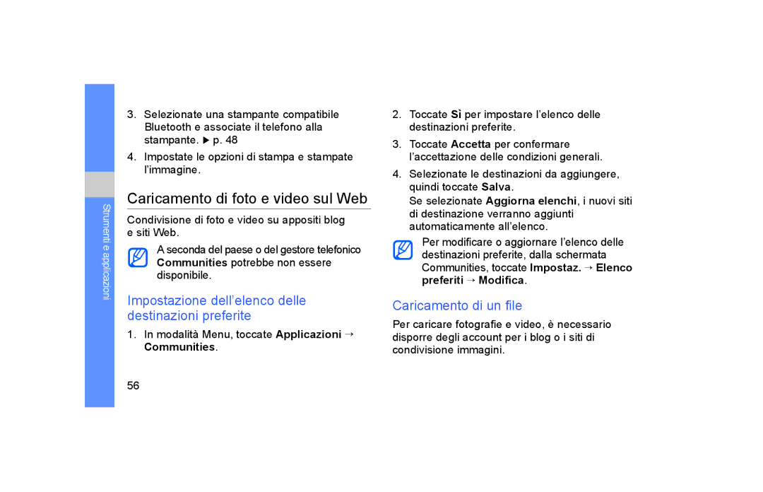 Samsung GT-S5600TKVOMN manual Caricamento di foto e video sul Web, Impostazione dell’elenco delle destinazioni preferite 