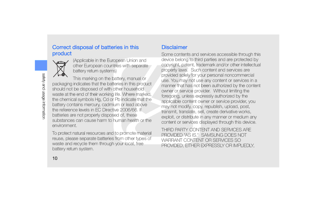 Samsung GT-S5600FKVOMN, GT-S5600TKVVD2, GT-S5600PWVVD2 manual Correct disposal of batteries in this product, Disclaimer 