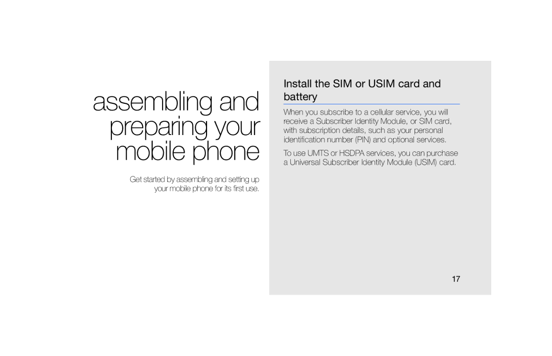 Samsung GT-S5600TKAXEC manual Assembling and preparing your mobile phone, Install the SIM or Usim card and battery 