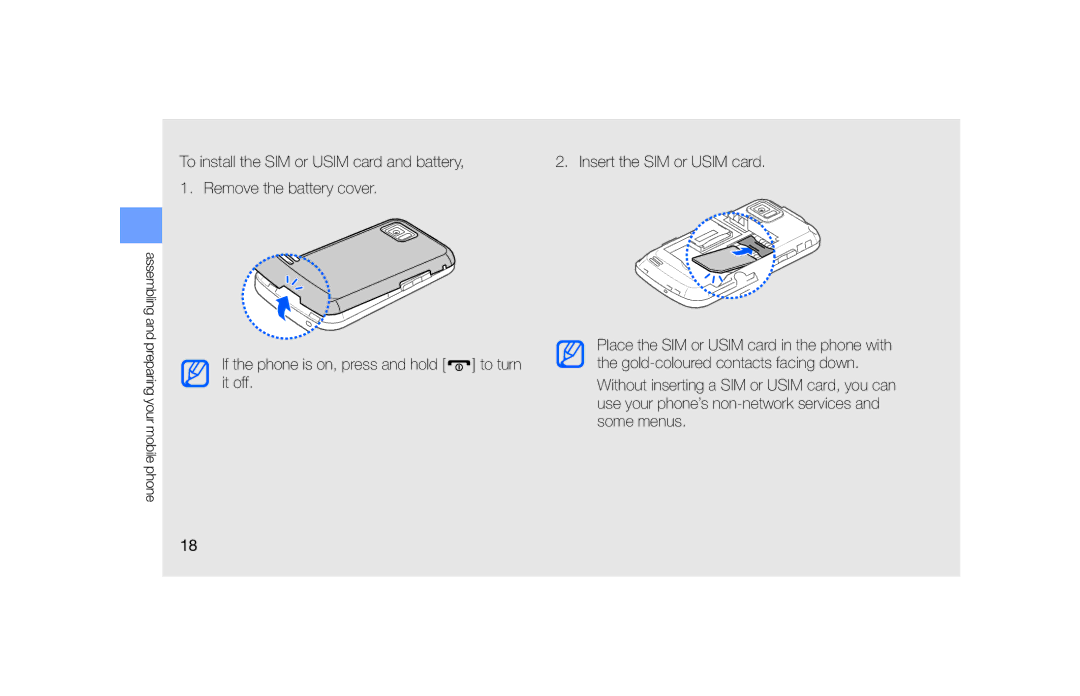 Samsung GT-S5600IVAXEC, GT-S5600TKVVD2, GT-S5600PWVVD2, GT-S5600HAADTM manual To install the SIM or Usim card and battery 