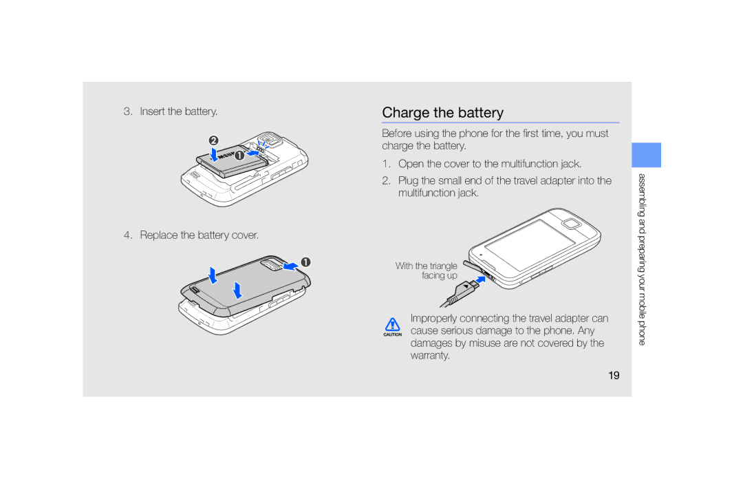 Samsung GT-S5600HAAAMN, GT-S5600TKVVD2, GT-S5600PWVVD2, GT-S5600HAADTM, GT-S5600SIVVD2, GT-S5600TKASFR manual Charge the battery 