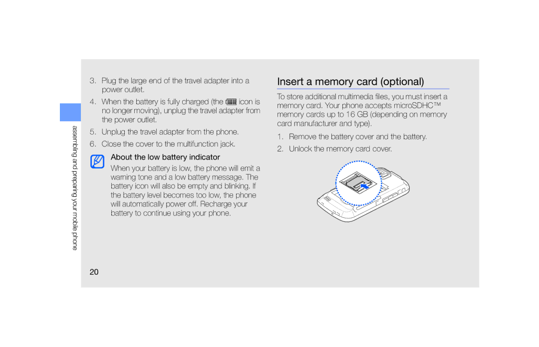 Samsung GT-S5600SIVATL, GT-S5600TKVVD2, GT-S5600PWVVD2, GT-S5600HAADTM, GT-S5600SIVVD2 manual Insert a memory card optional 