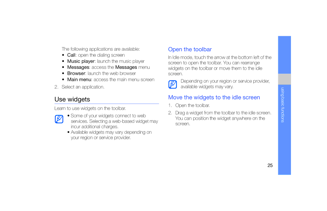 Samsung GT-S5600HAVATL, GT-S5600TKVVD2, GT-S5600PWVVD2 Use widgets, Open the toolbar, Move the widgets to the idle screen 