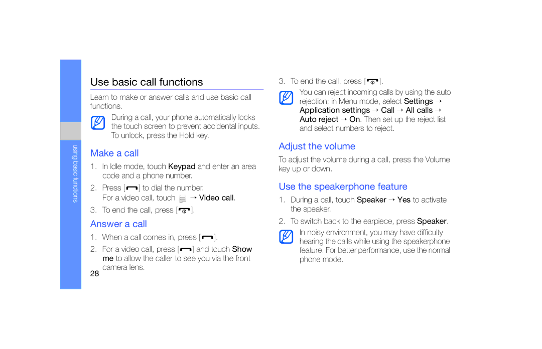 Samsung GT-S5600TKVVDC, GT-S5600TKVVD2 manual Use basic call functions, Make a call, Answer a call, Adjust the volume 