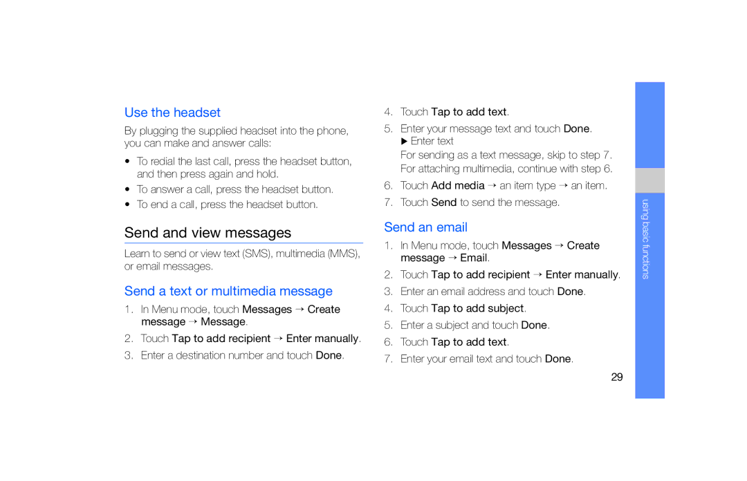 Samsung GT-S5600PWVVGR manual Send and view messages, Use the headset, Send a text or multimedia message, Send an email 