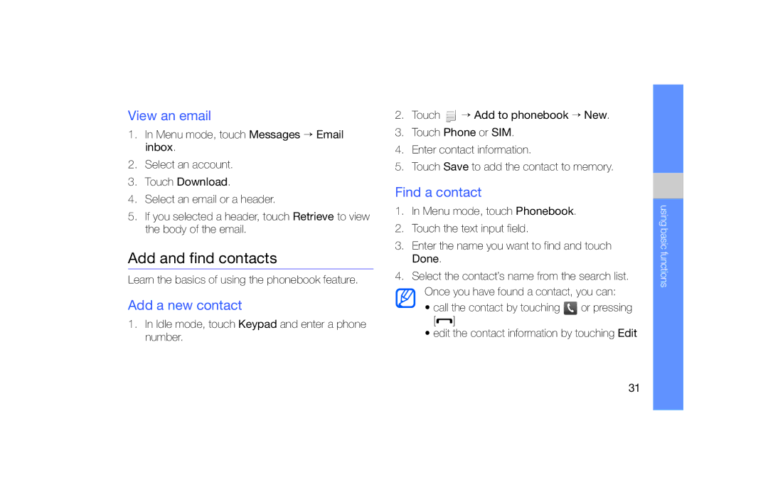 Samsung GT-S5600CRVVGR, GT-S5600TKVVD2 manual Add and find contacts, View an email, Add a new contact, Find a contact 