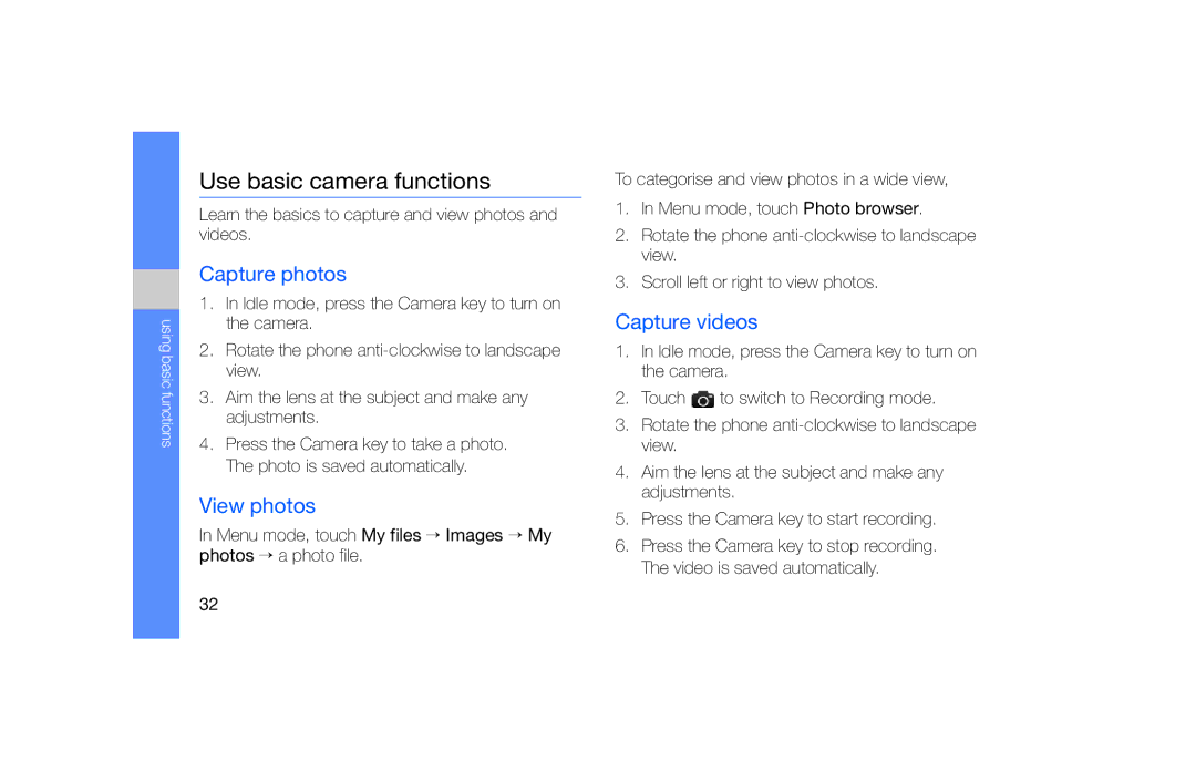 Samsung GT-S5600TKVVGR, GT-S5600TKVVD2 manual Use basic camera functions, Capture photos, View photos, Capture videos 