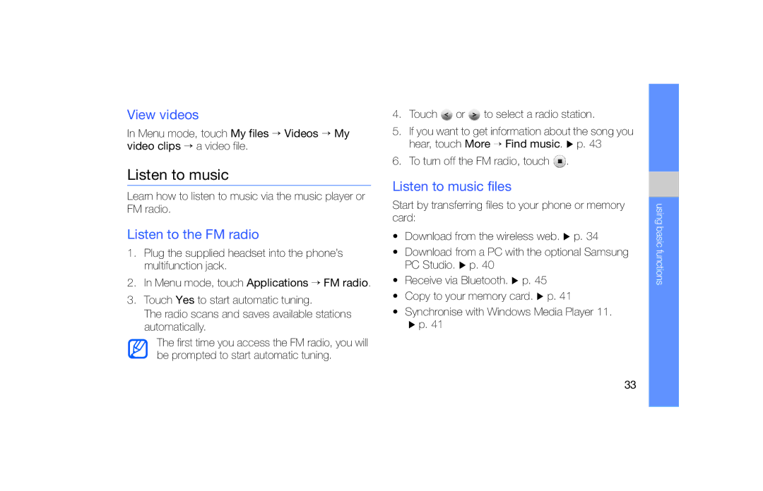 Samsung GT-S5600SIVVGR, GT-S5600TKVVD2, GT-S5600PWVVD2 manual View videos, Listen to the FM radio, Listen to music files 
