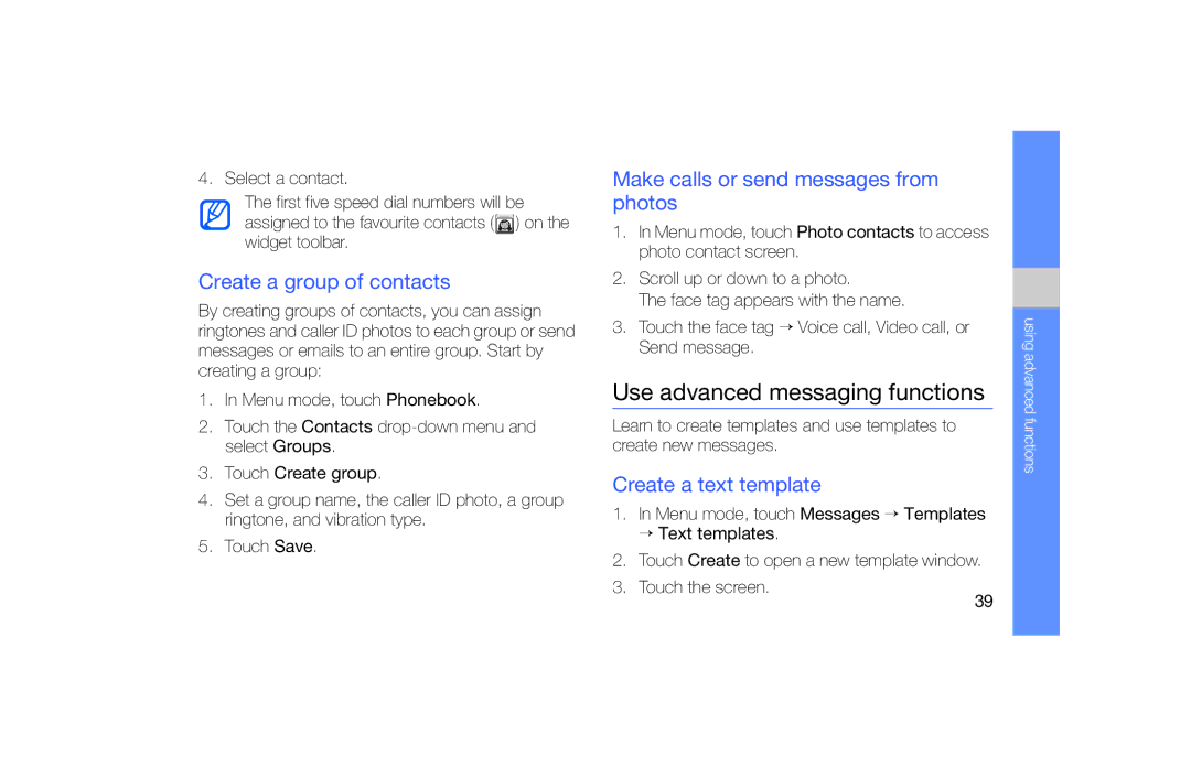 Samsung GT-S5600FKVTCL manual Use advanced messaging functions, Create a group of contacts, Create a text template 