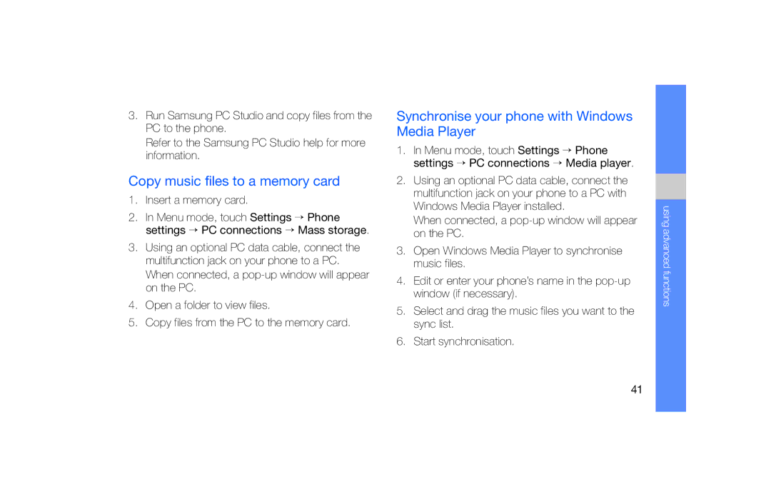 Samsung GT-S5600HAATMH, GT-S5600TKVVD2 Copy music files to a memory card, Synchronise your phone with Windows Media Player 