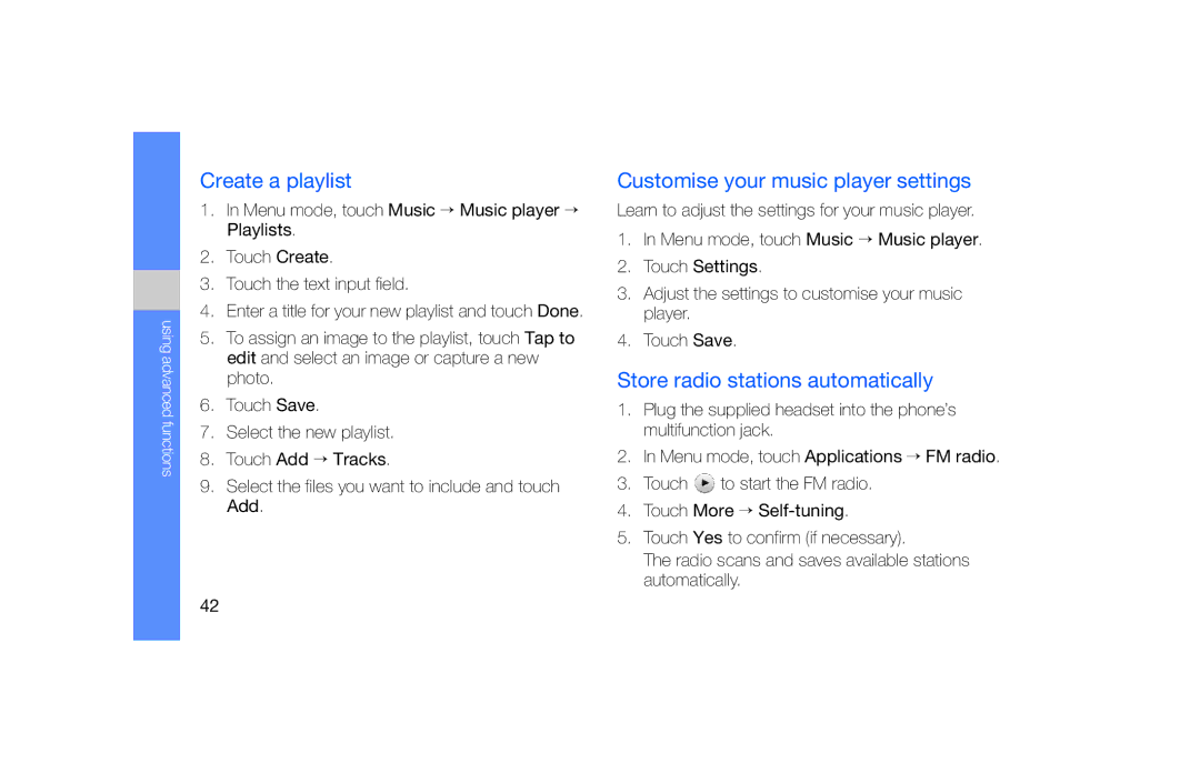 Samsung GT-S5600PWVTCL manual Create a playlist, Customise your music player settings, Store radio stations automatically 