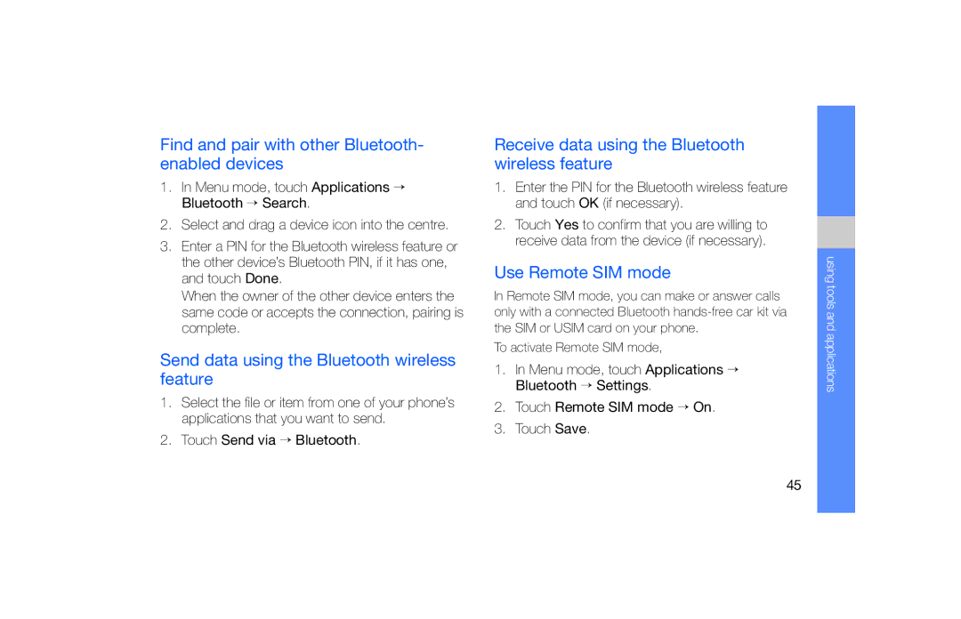 Samsung GT-S5600TKAORG Find and pair with other Bluetooth- enabled devices, Send data using the Bluetooth wireless feature 