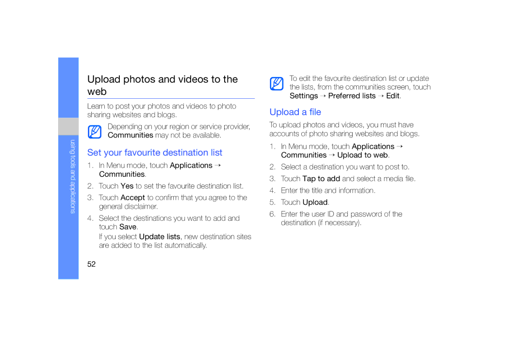 Samsung GT-S5600CRAFTM manual Upload photos and videos to the web, Set your favourite destination list, Upload a file 