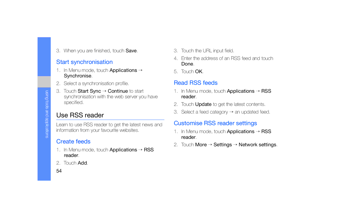 Samsung GT-S5600SVAFTM Use RSS reader, Start synchronisation, Create feeds, Read RSS feeds, Customise RSS reader settings 