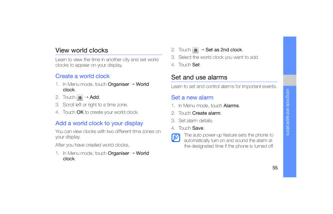 Samsung GT-S5600PWAFTM View world clocks, Set and use alarms, Create a world clock, Add a world clock to your display 