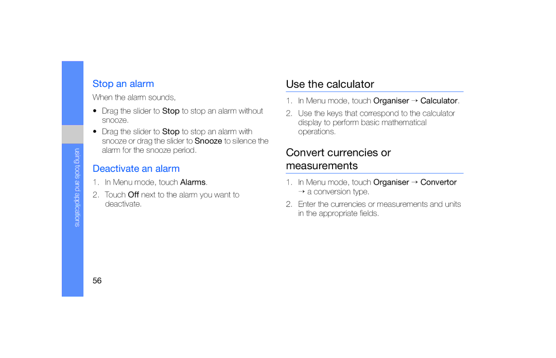 Samsung GT-S5600IVAFTM manual Use the calculator, Convert currencies or measurements, Stop an alarm, Deactivate an alarm 