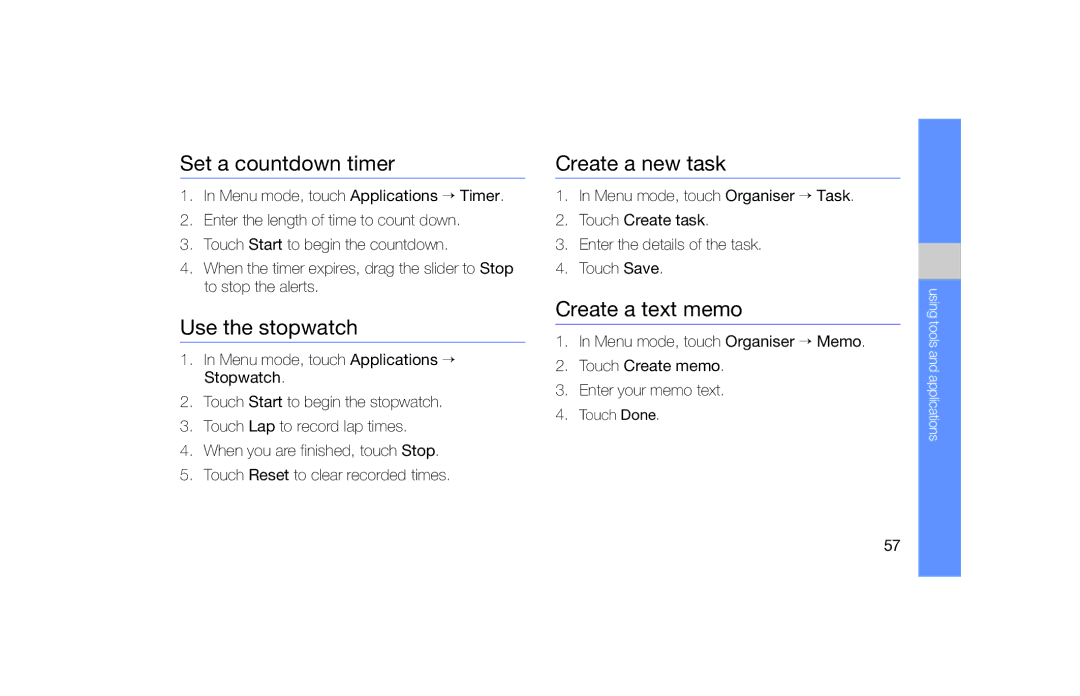 Samsung GT-S5600HAAFTM, GT-S5600TKVVD2 Set a countdown timer, Use the stopwatch, Create a new task, Create a text memo 
