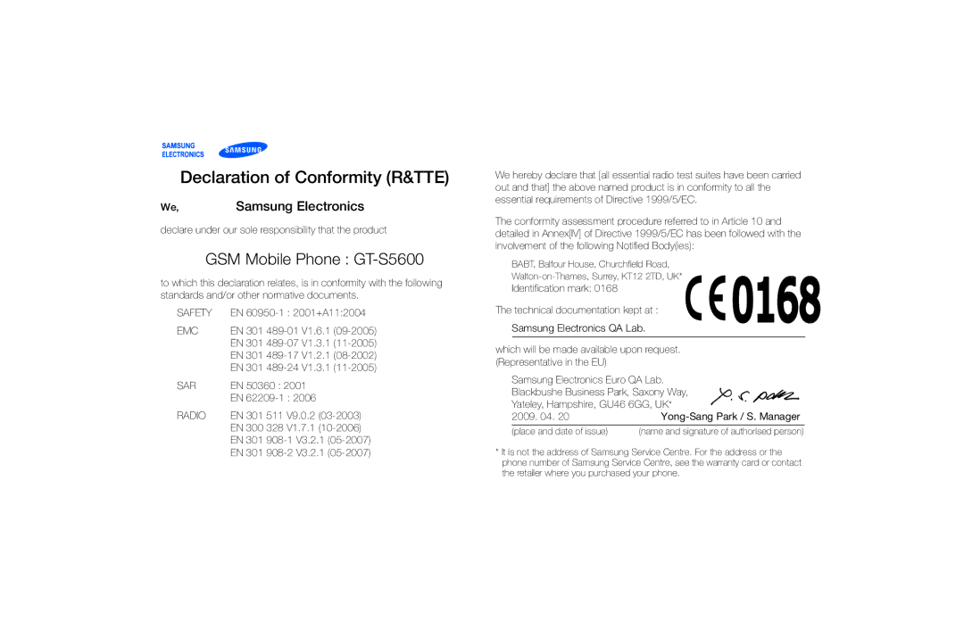 Samsung GT-S5600TKAXEC, GT-S5600TKVVD2, GT-S5600PWVVD2, GT-S5600HAADTM, GT-S5600SIVVD2 manual Declaration of Conformity R&TTE 