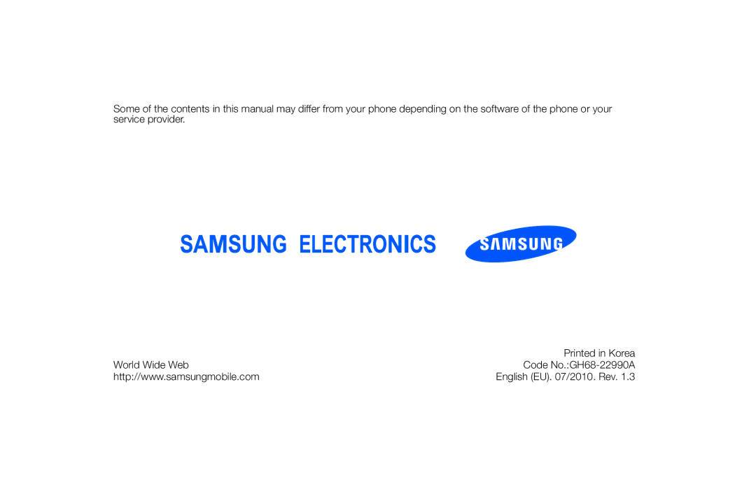 Samsung GT-S5600IVAXEC, GT-S5600TKVVD2, GT-S5600PWVVD2, GT-S5600HAADTM, GT-S5600SIVVD2, GT-S5600TKASFR English EU /2010. Rev 