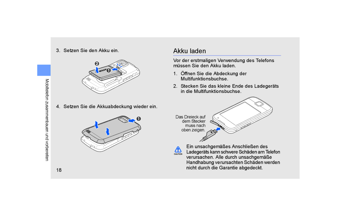 Samsung GT-S5600TKVVD2, GT-S5600PWVVD2, GT-S5600HAADTM, GT-S5600SIVVD2 manual Akku laden 