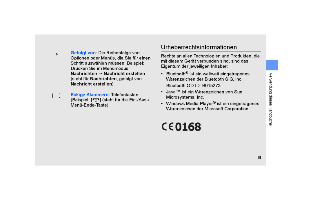 Samsung GT-S5600SIVVD2, GT-S5600TKVVD2 manual Urheberrechtsinformationen, Beispiel steht für die Ein-/Aus, Menü-Ende-Taste 