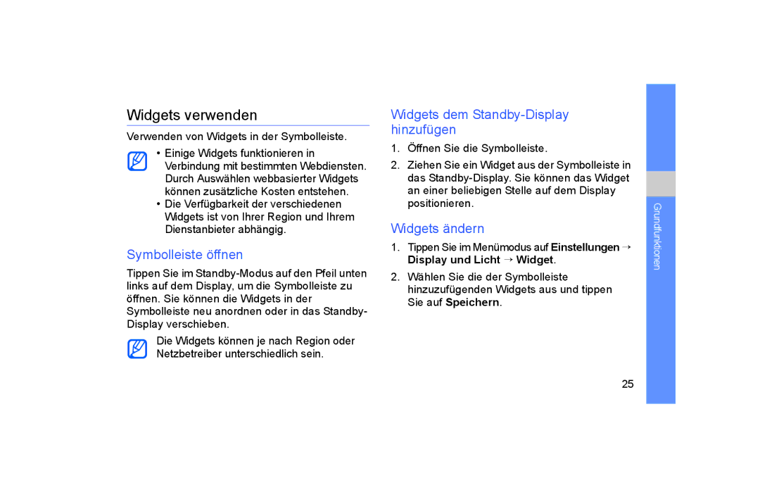 Samsung GT-S5600SIVVD2 Widgets verwenden, Symbolleiste öffnen, Widgets dem Standby-Display hinzufügen, Widgets ändern 
