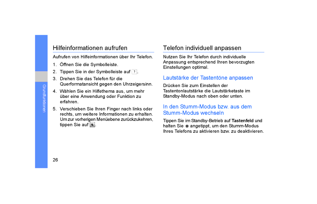 Samsung GT-S5600TKVVD2 manual Hilfeinformationen aufrufen, Telefon individuell anpassen, Lautstärke der Tastentöne anpassen 