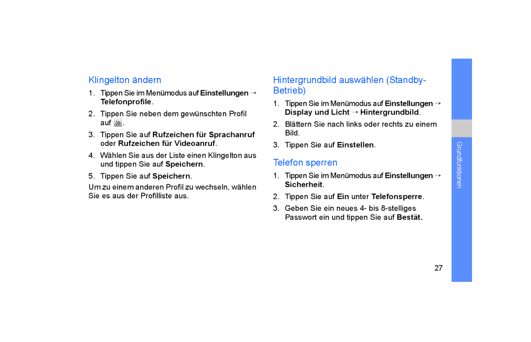 Samsung GT-S5600PWVVD2, GT-S5600TKVVD2 manual Klingelton ändern, Hintergrundbild auswählen Standby- Betrieb, Telefon sperren 
