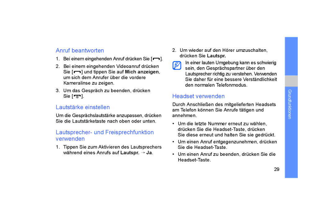 Samsung GT-S5600SIVVD2 manual Anruf beantworten, Lautstärke einstellen, Lautsprecher- und Freisprechfunktion verwenden 