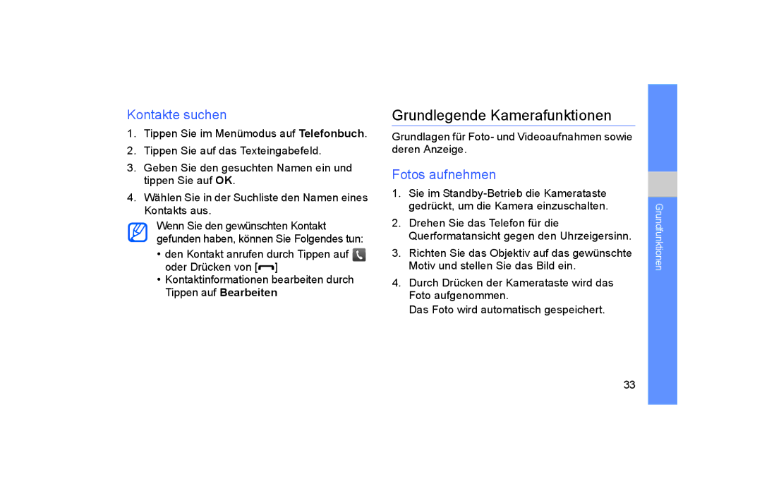 Samsung GT-S5600SIVVD2, GT-S5600TKVVD2, GT-S5600PWVVD2 manual Grundlegende Kamerafunktionen, Kontakte suchen, Fotos aufnehmen 
