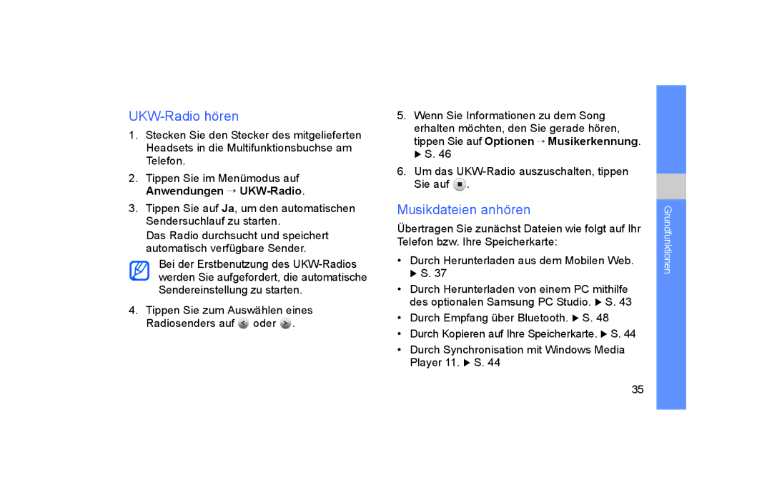 Samsung GT-S5600PWVVD2 manual UKW-Radio hören, Musikdateien anhören, Um das UKW-Radio auszuschalten, tippen Sie auf 