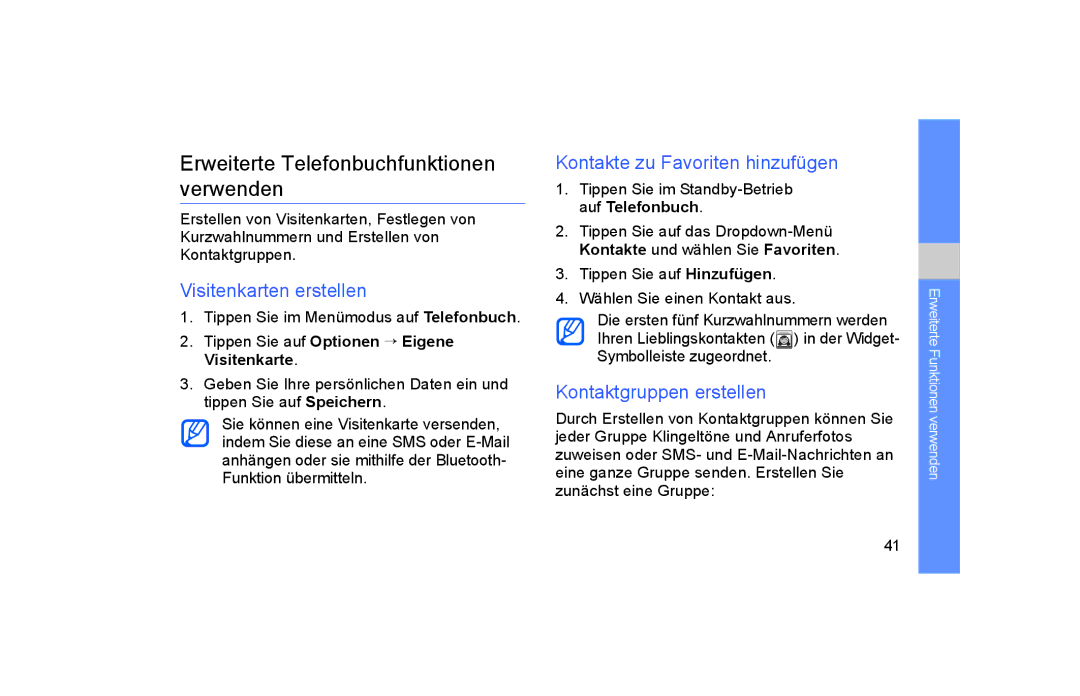 Samsung GT-S5600SIVVD2 manual Erweiterte Telefonbuchfunktionen verwenden, Visitenkarten erstellen, Kontaktgruppen erstellen 